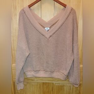 La Miel Brown V Neck Oversized Waffel Knit Sweater with Exposed Seams. Size Med